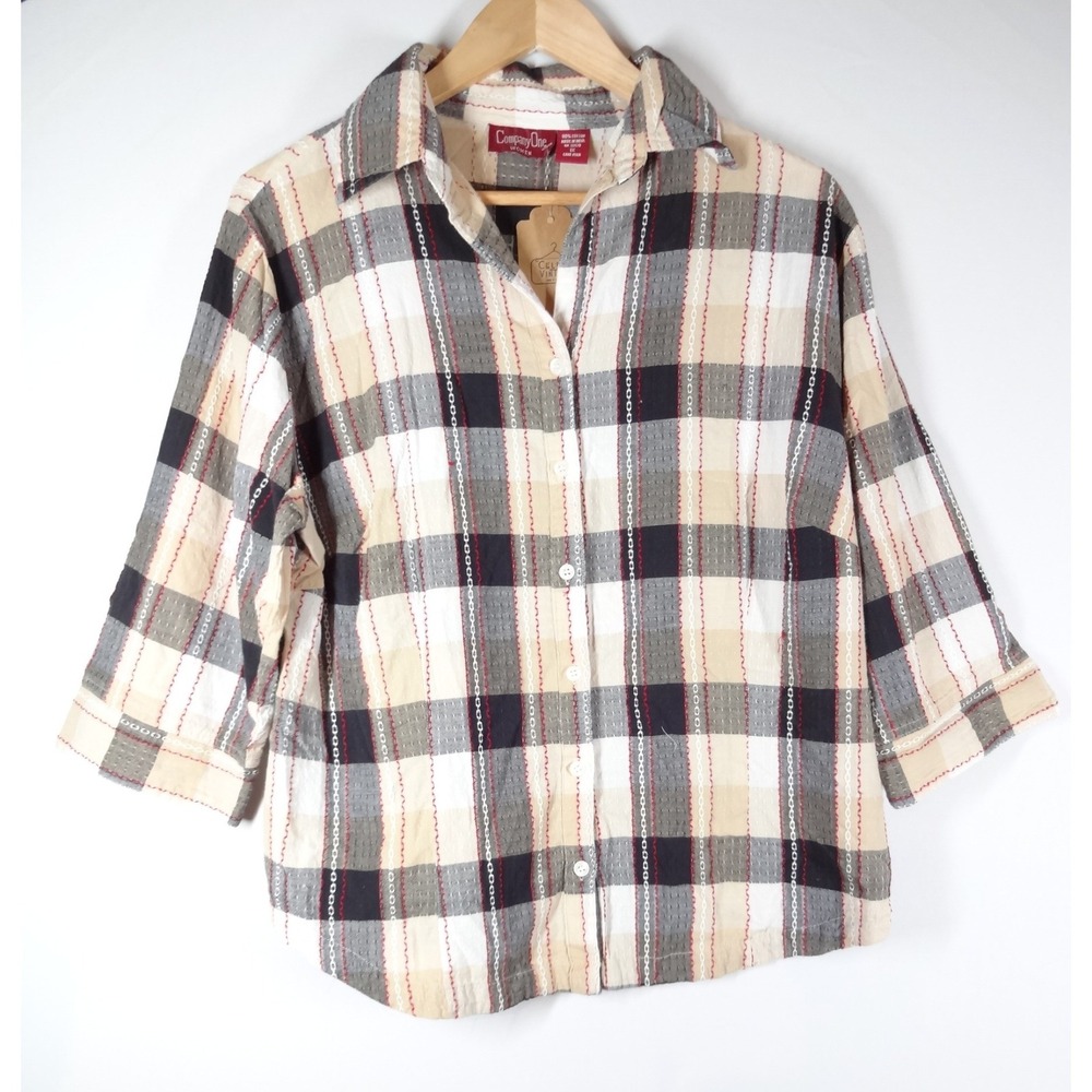 VTG 90s Company One Plaid Button Up Shirt 1X Tan Black Embroidered Farmcore Fall